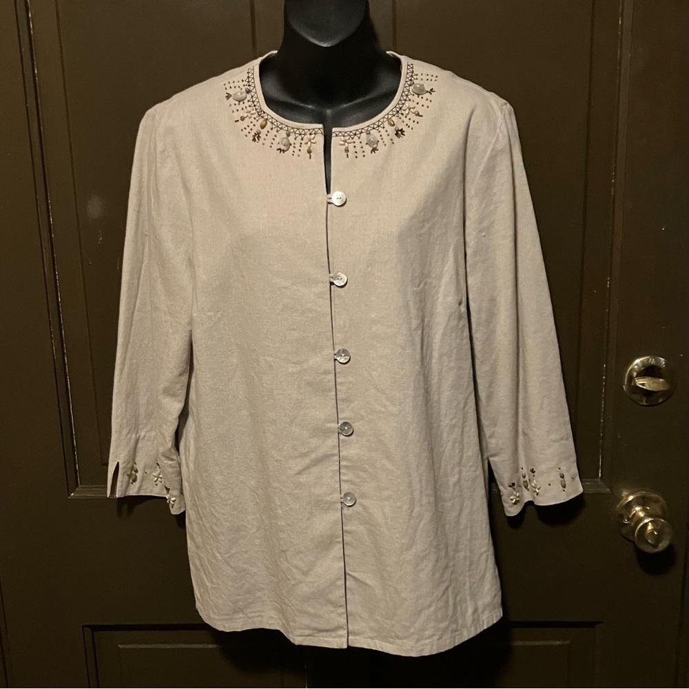 Alfred Dunner Linen Blend  Summer Jacket Natural Embellishment Size 14